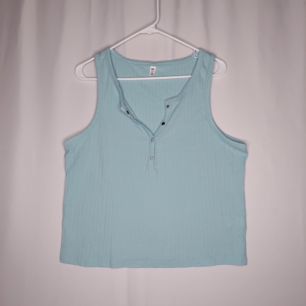 BP Tank Women Jr 2X Blue Cotton Stretch Rib Texture Stripe Snap V-Cut Scoop Neck